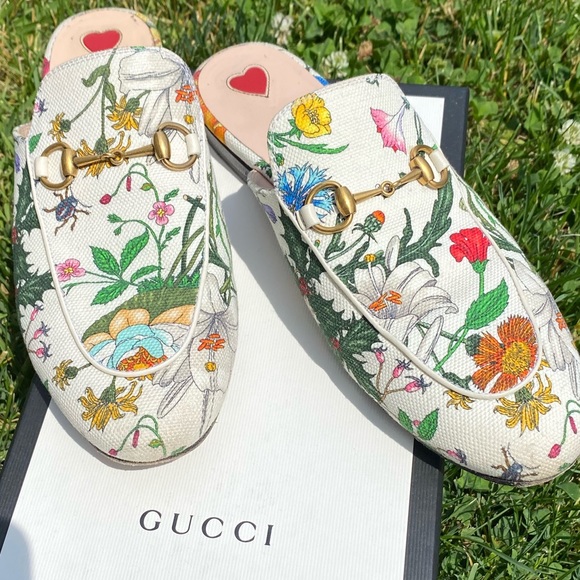 Gucci Princetown White Floral Canvas Loafers sandals EU 38 - Picture 2 of 16